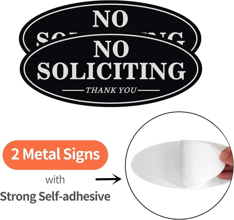 MongFun No Soliciting Sign for House Door, Self-adhesive 7" x 3" Metal Signs for Office Wall, Durable UV and Easy Mounting, Oval Design with Black White Colors (2 Pack BLACK) - Image 2